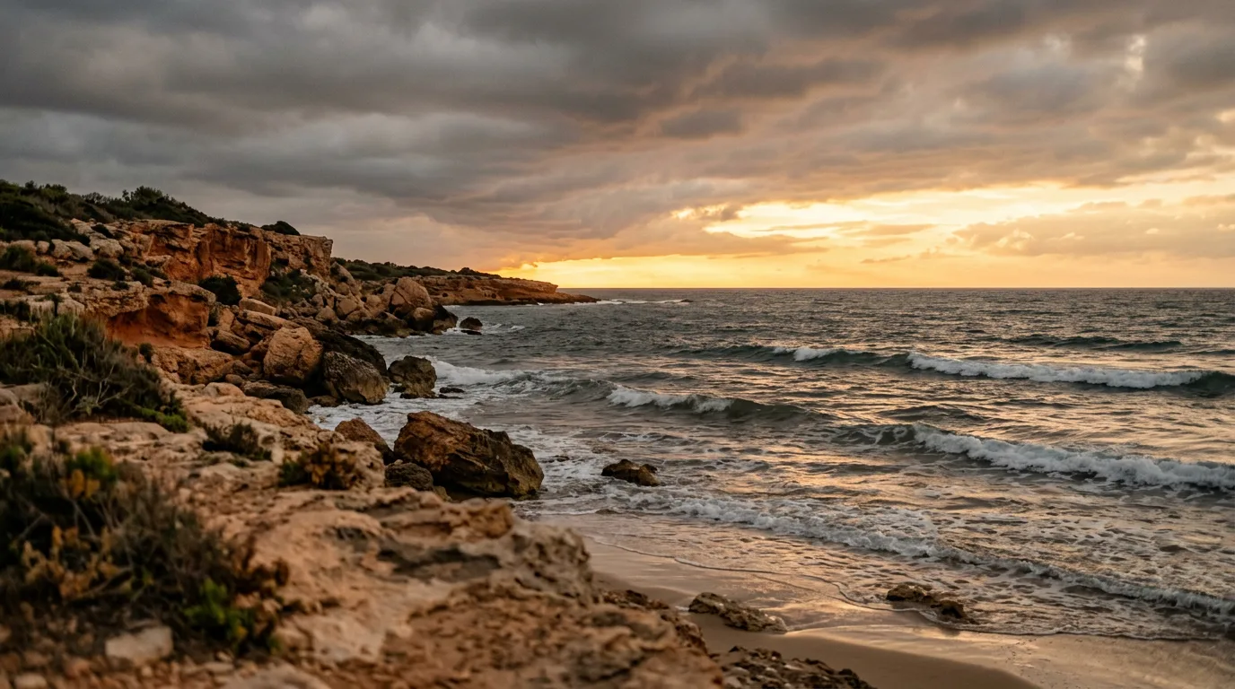 Mediterrane Küste nach einem Sturm: Die Wellen beruhigen sich im warmen, goldenen Abendlicht