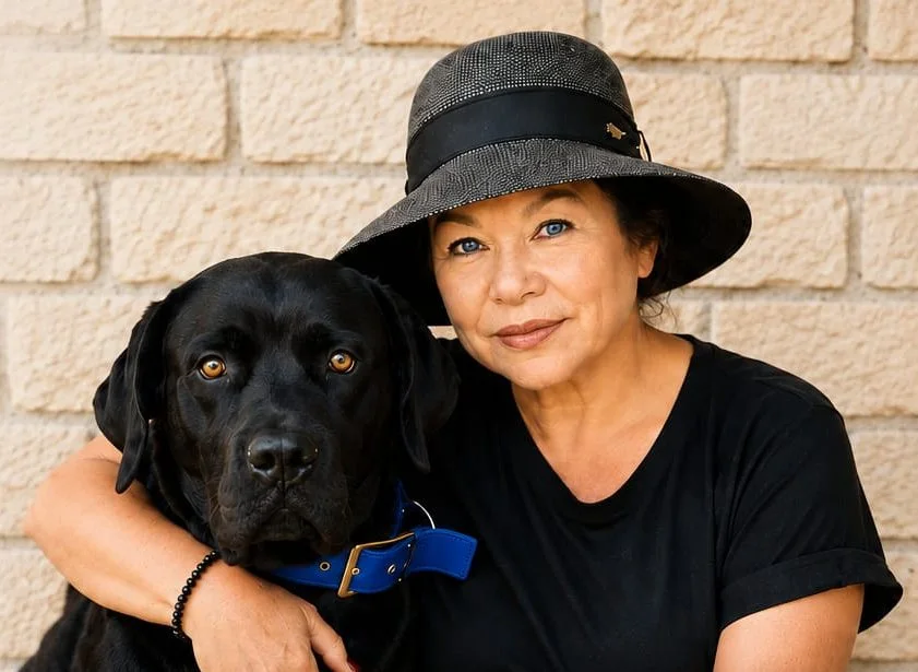 Sabine Kuhn und ihr schwarzer Hund schauen Wange an Wange in die Kamera